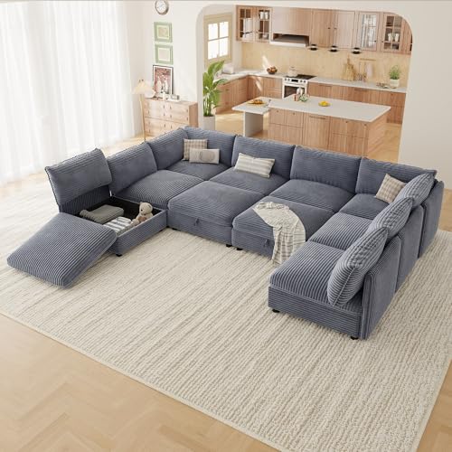 Image of Oversized Corduroy Modular Sectional Sofa Bed with Hidden Storage, Convertible L U Sleeper Couch, 10-Seat Modular Sofa Free Combination with Ottoman & Removable Covers for Living Room, Gray