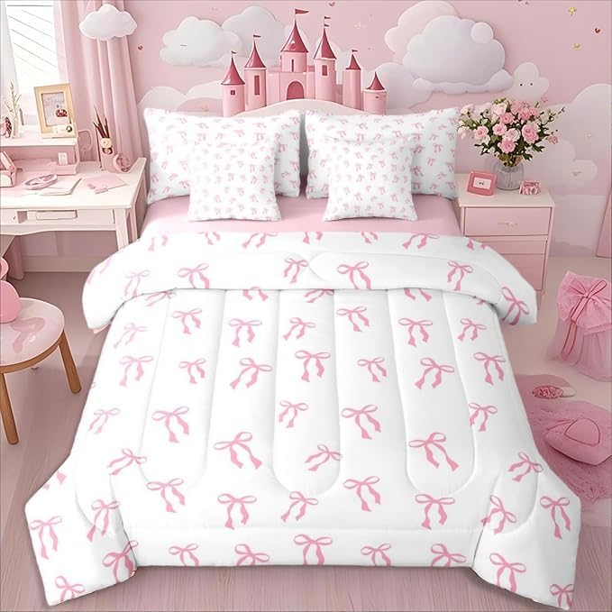 Erosebridal Cute Bowknot Kids Bedding Sets Pink Bow Princess Full Comforter Set Watercolor Bow Knot(Comforter+Fitted+Flat Sheet+2 Pillowcases+2 Throw Pillow Covers) 7 Pieces Pink White Bed Set