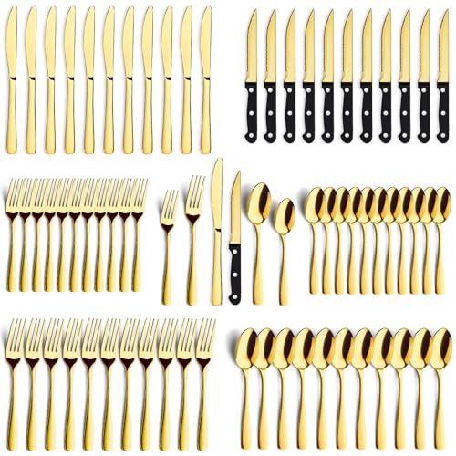 BEWOS 72-Pieces Gold Silverware Set for 12 - Stainless Steel Flatware Set with Mirror Polish, Gold...