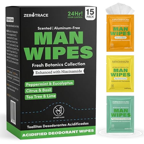 Image of Zero Trace Travel Deodorant Wipes for Men - 15 Individually Wrapped Body Wipe with Peppermint, Citrus & Basil, Tea Tree & Lime - Aluminum-Free, pH-Balanced Fresh Wipes for Gym, Travel & Daily Use
