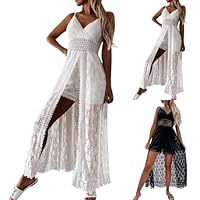 Générique Robe Longue Femme Ete Boheme Chic et Elegant Robe de Plage Dentelle Combinaison Sexy Col en V Ajouré Bretelles Spaghetti Dos Nu Legere Fluide, Blanc, M