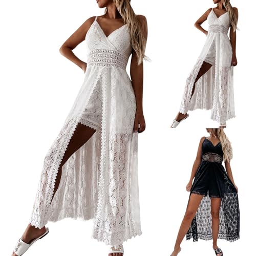 Générique Robe Longue Femme Ete Boheme Chic et Elegant Robe de Plage Dentelle Combinaison Sexy Col en V Ajouré Bretelles Spaghetti Dos Nu Legere Fluide,...
