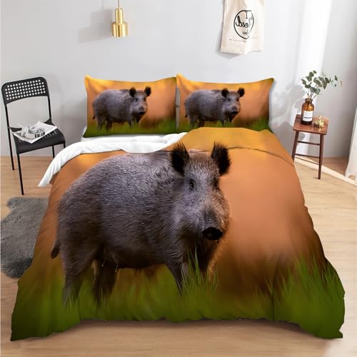 FamHarbor Wild Boar A3019 - Juego de funda de edredón tamaño Queen con 2 fundas de almohada, microfibra suave, diseño de animales africanos, color marrón, amarillo, estampado de lujo