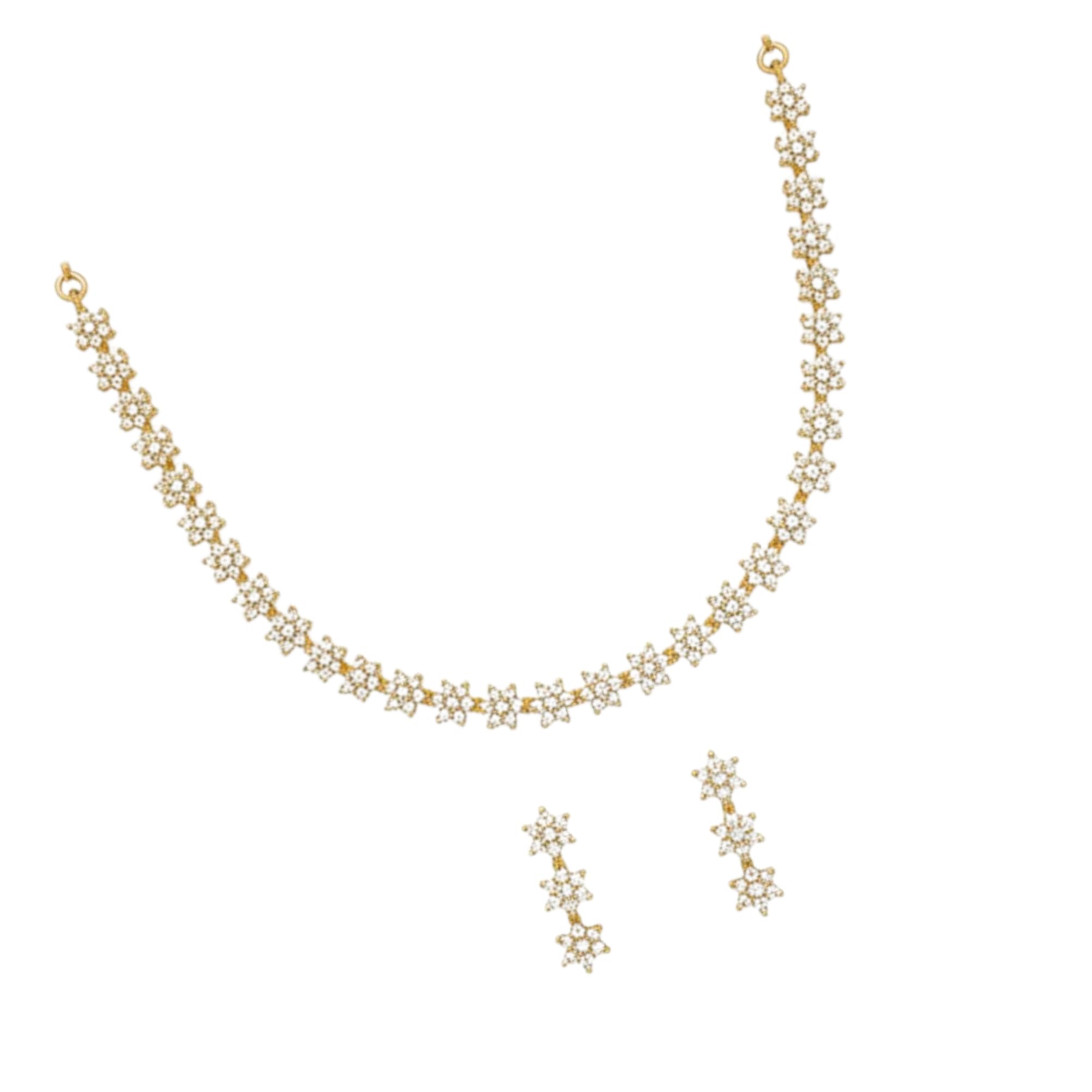 7 Stone Gold Plated Necklace with matching Earrings | Elite Quality | (Crystal White, 1 Line)