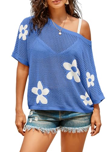 Image of Dokotoo Womens Floral Fashion Summer Tops 2026 Short Sleeve Crochet Sweaters Swimsuit Cover Ups Lightweight Knit Pullover