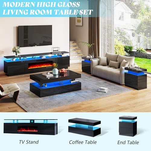 Amerlife CCT027-1061110358N High Gloss Led Nightstand Set Of 2 With Charging Station, Modern Bedside Table Night Stand With Led Lights, Sofa End Side Tables With Drawers For Bedroom thumb #8