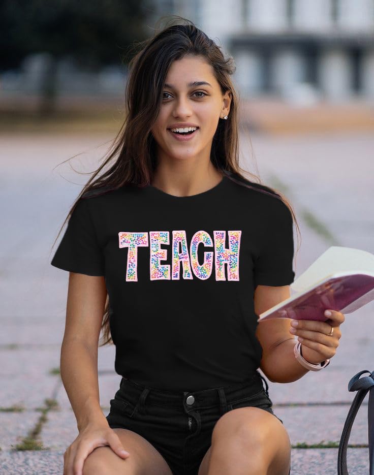 FASHGL Teacher Shirts Women Funny Teach Sequin Printed Graphic Tshirt Short Sleeve T-Shirt Teacher Gifts Tee Tops4