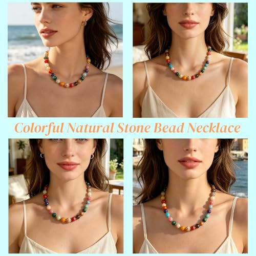 Image of GINAZL Natural Stone Beaded Choker Necklace for Women, Chunky Multicolor Gemstone Handmade Necklace, Boho 12MM Bead Summer Beach Jewelry Gifts for Women