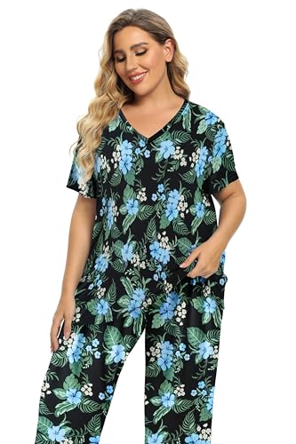 Image of Vozanet Women's Pajamas Set Soft V Neck Sleepwear Top and Capri Pj Lounge Sets Cartoon Heart Shape Cat Nighty Plus Size