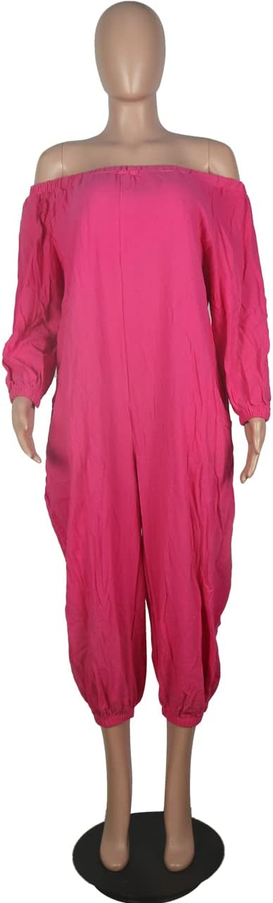 MESLIMA Women's Loose Fit Elastic Off Shoulder Beam Foot Long Sleeve Jumpsuit Rompers with Pockets Plus Size - Image 3
