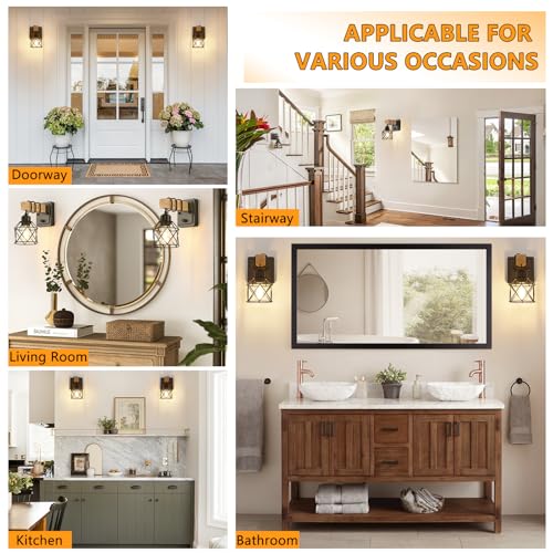 Image of FadimiKoo Dimmable Wall Sconces Set of Two, Bedside Wall Mounted Lamp with Rotary Switch, Wooden Black Bathroom Light Fixtures with Metal Cage, Hardwired Farmhouse Wall Lights for Bedroom, Living Room