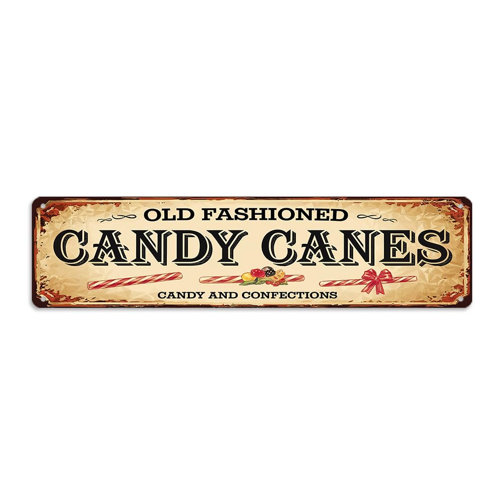 Rustic Christmas Street ''Old Fashioned Candy Canes'' Decorative Tin Sign - Christmas Art Sign 16x4 Inch, Farmhouse Wall Sign For Home, Kitchen, Cafe, Bar, Garage Hanging Decor, Christmas Decor