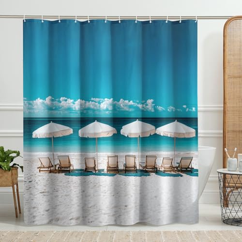 Rideau de douche à motif plage, parapluies et chaises bleu océan tropical, rideau de douche pour décoration de salle de bain, vacances d'été, rideau de...