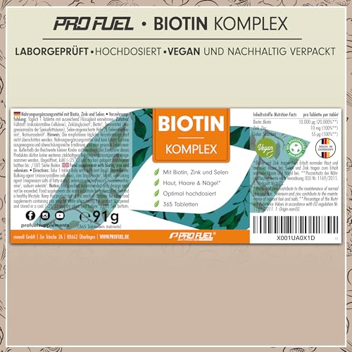 Biotin hochdosiert 10.000 mcg - 365 Biotin Tabletten mit Zink & Selen - Hochwertiger Komplex für Haarwuchs, Haut & Nägel - laborgeprüft mit Zertifikat - 100% vegan - Vorratspack für 1 Jahr