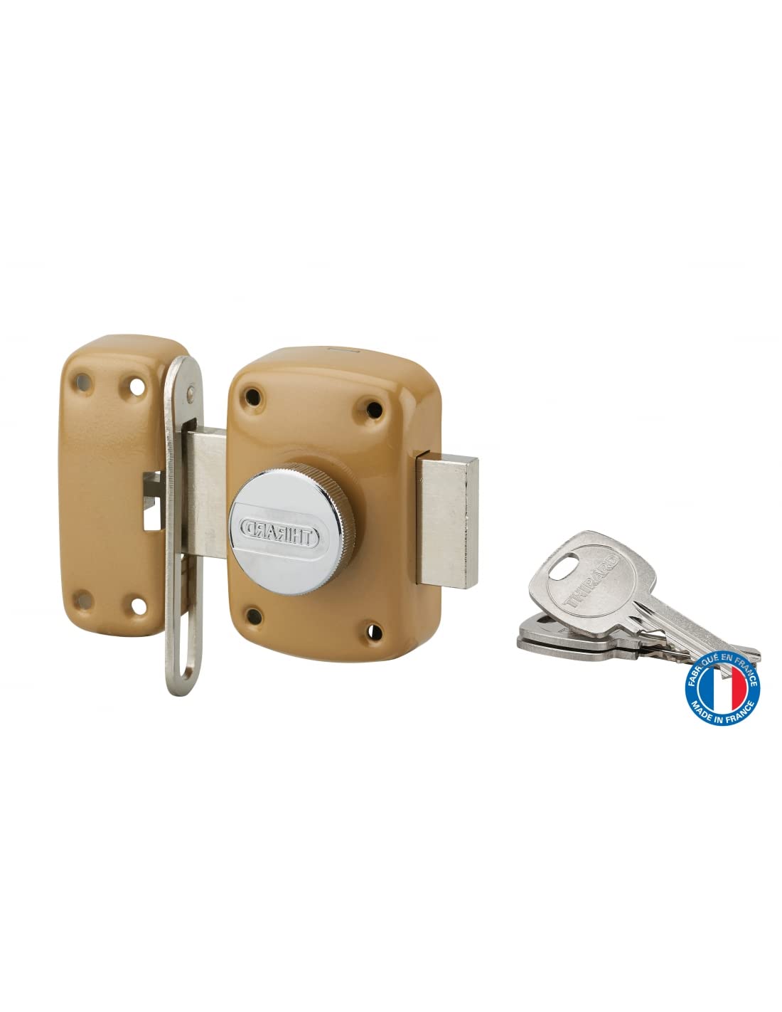 THIRARD Verrou à Bouton et Cylindre Acier Cylindre 45 mm Verni | verrou à bouton et cylindre, cylindre 45 mm, acier, finition verni, 3 clés, porte d'entrée, doré
