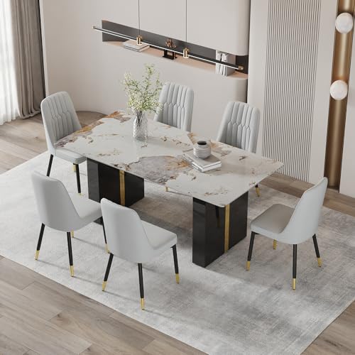 MUUOKY 7 Piece Dining Table Set，71' Morden Faux Marble Dining Room Table Set for 6,Kitchen Table Chairs Set of 6 for Kitchen, Dining, Bar, Living Room
