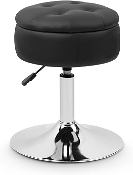 KLASIKA Vanity Stool Chair with Big Storage, Height Adjustable PU Leather Tufted Makeup Stools, 360  Swivel Modern Round Ottoman Cute Girl Make Up Stool for Bedroom Bathroom Living Room, Black 1PK
