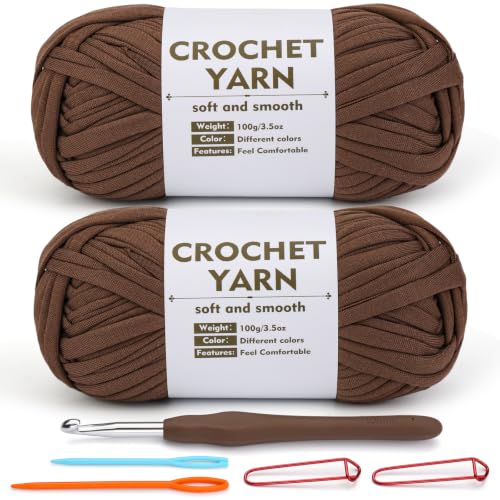 Image of SHWAKK 2 Pack T-Shirt Yarn Set, Brown Knitting Crochet T Shirt Yarn for Crochet Bag /Baskets with Crochet Hook, Elastic Thick Tshirt Yarn Kit for Crocheting, Ribbon Cotton Yarn, Knitting Ball
