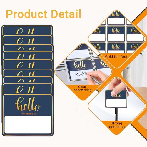 Image of 180 PCS Hello My Name is Name Tag, Gold Foil Name Tags Sticker, 2.5 x 3 Inch Large Name Labels, Blue Adhesive Name Tag Labels for Business, Party - Office, School, Home