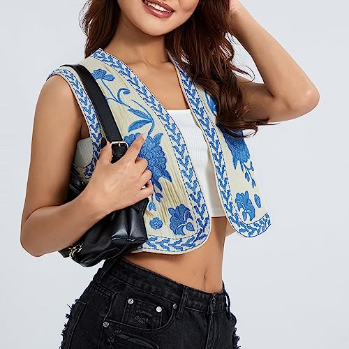 Image of Women Vintage Floral Embroidered Vest Y2K Sleeveless Open Front Cardigan Boho Linen Cropped Waistcoat