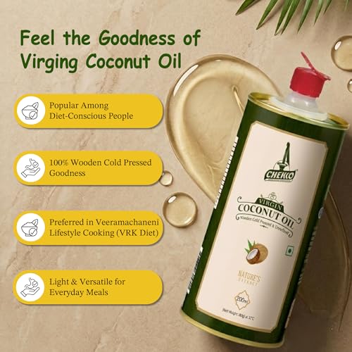 Image of Chekko Cold Pressed Virgin Coconut Oil 200ml | 100% Pure Natural Wood Pressed | Unrefined Virgin Edible Coconut Oil for Cooking, Baking, Hair & Skin Care | Premium Quality