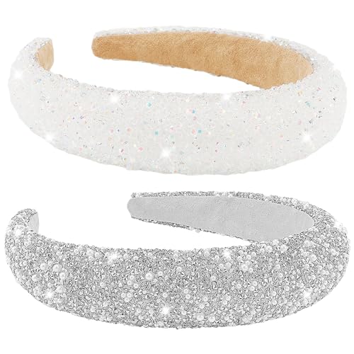 AHONEY 2 Pack Rhinestone Headband for Women Girls Glitter Sequin Beaded Pearls Padded Headbands for Women Prom Wedding Sparkly Hair Bling Birthday Hair Accessories (Silver&White)