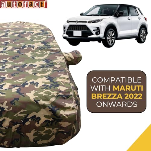 Image of Autofact Waterproof Car Body Cover Compatible with Maruti Brezza (2022 to 2023), with Mirror Pockets, 4 x 4 American Matty, Long Lasting Strong Durable Material, Camouflage Army Look