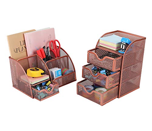 PAG Office Supplies Mesh Desk Organizer Set Pencil Holder Pen Cup Accessories Storage Caddy with Drawer for Women and Girls, Rose Gold