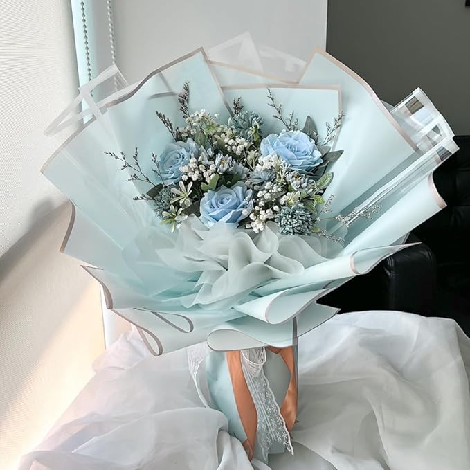 Image of Zarwani - 10 Sheets Korean Style Waterproof SkyBlue Bouquet Wrapping Paper (58cm x 58cm, 60 Microns) | Golden Border Design, Giftwrap for Flowers & DIY Gift Wrapping Paper (10, Gold Border Sky Blue)