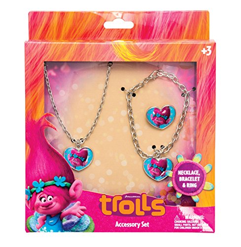 Joy Toy 65176 Trolls Poppy - Conjunto de pulseira e anel de metal em papel de presente