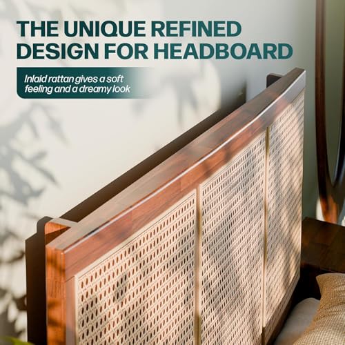 Image of Bme Nancy Signature Bed Frame, Queen Bed Frame and Headboard Unique Geometric, Mid Century Modern, Solid Acacia Wood, No Box Spring Needed, 12 Strong Wood Slats Support, Easy Assembly, Dark Chocolate