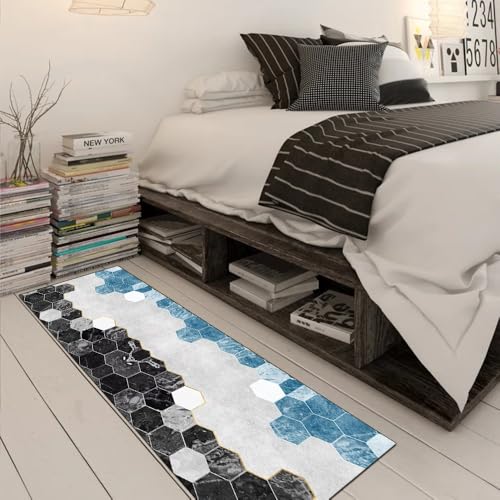 Alfombra de pasillo antideslizante geométrica azul para proteger suelos 3