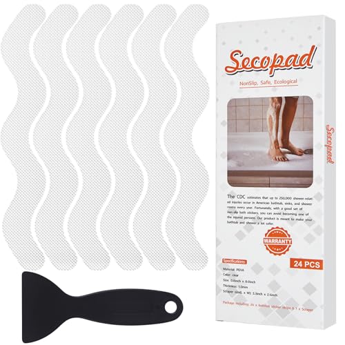 Secopad Anti Slip Shower Stickers, Adhesive Decals Safety Strips with Scraper for Bath Tub, Shower Floor, Stairs, 24 Pieces (Clear)