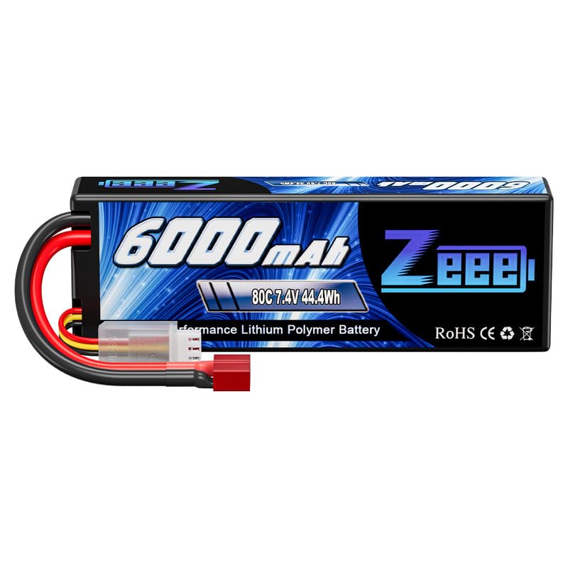 Zeee 2S Lipo Battery 6000mAh 7.4V 80C Hard case Battery with T Plug for 1/8 and 1/10 RC Vehicles Car RC Buggy Truggy RC Airplane UAV Drone FPV