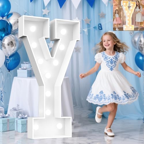 Image of Pooqla 4 FT Marquee Light Up Letters, Giant LED Sign Cool White and Warm White Marquee Letter 4 Feet Tall, Big Mosaic Letter Y for Balloons Birthday Party Anniversary Wedding Decorations