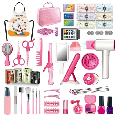 RedCrab Friseur- und Schminkkoffer Beauty Set f&uuml;r M&auml;dchen, 55 St&uuml;cke Schmink und Frisierkoffer Kinder mit Haarzubeh&ouml;r, F&ouml;h mit Ger&auml;usch, Haargl&auml;tter, Rollenspiele f&uuml;r Kinder ab 3 Jahre