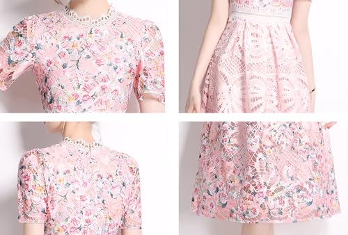 Image of LAI MENG FIVE CATS Women's Lace Floral Short Sleeve Crochet Waist Cocktail Midi Dress