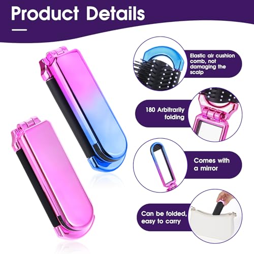 2 Pack Pink & Gradient Foldable Hair Brush with Mirror, Compact Travel Size Massage Comb for Women and Men - Image 3