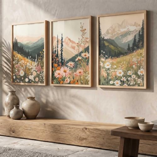 Image of kotart Big Aesthetic Mountains View Wall Art Paintings | Flowers Landscape Framed Painting | Vastu Frames for Living Room Bedroom Wall Decor Set Of 3 (19X25 inch)