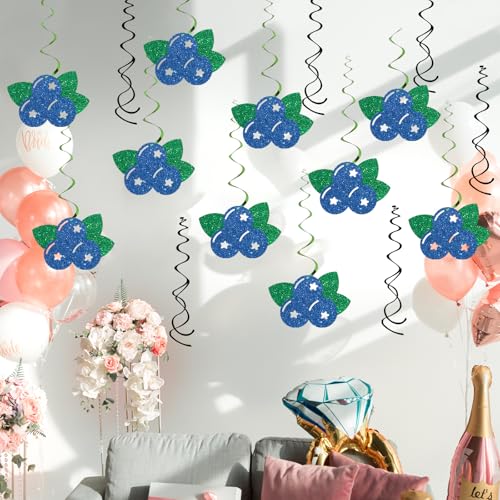 Image of Blueberry Hanging Swirl Decoration - Glitter 16 Pcs Berry Baby Shower Party Supplies - 1st Birthday Party - Engagement Wedding Streamers - Fruit Blueberry Party Foil Swirls Ceiling Decorations