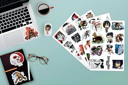 Image of AnimeVerse Pack of 50 AOT Anime Stickers for Laptop, Phone, Guitar, Bike, PC, | Waterproof Glossy Vinyl Decals | Residue-Free Anime Stickers Collection (Attack On Titan)
