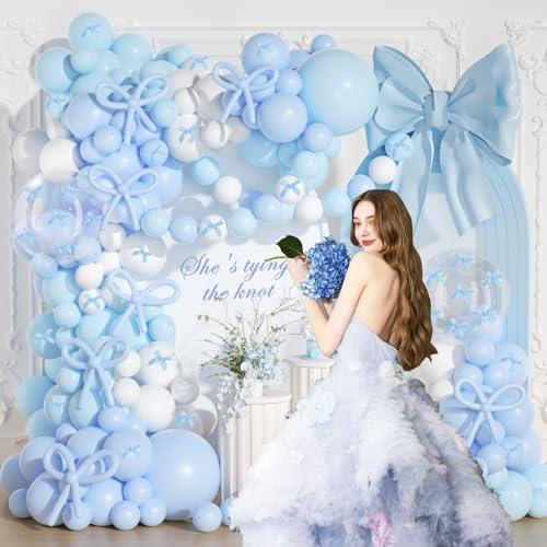Image of Blue and White Balloon Arch Kit, JOGAMS 199Pcs Bow Balloon Arch Kit with 260 Clear Balloons Blue Ribbon for Blue Bow Birthday Decorations Bachelorette Baby Shower Bridal Shower Wedding