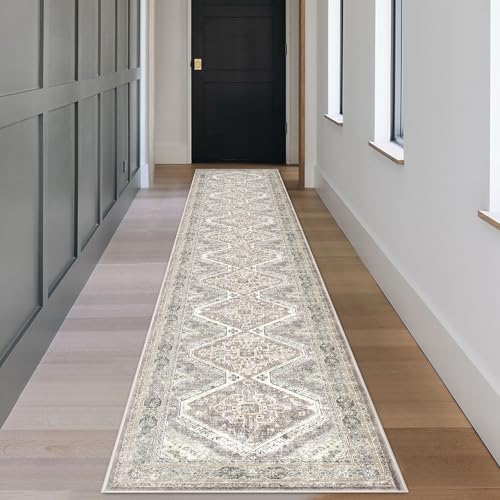 KUTA Oriental Washable Runner Rug, 2x12 Ivory Grey Yellow Runners for Hallways Non-Slip Kitchen Rugs Ultra Soft Printed Distressed Tribal Farmhouse Carpet for Bedroom Living Room Playroom