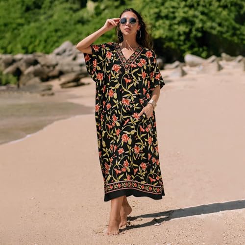 Image of Miss Lavish London Kaftan Dresses for Women Plus Size Long Batwing Sleeve Caftans, V Neck Moo Moo Printed Beach Cover Up Maxi Beach Dress, Bathing Suit Cover-Up Loungewear