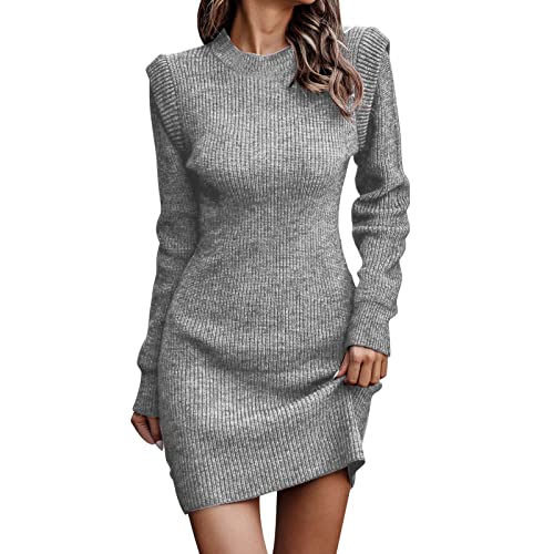 Vestido corto para mujer con cuello redondo, vestido ajustado de manga larga, suéter para mujer de invierno chic sexy, cóctel de punto chic y elegante descontratado clásico Slim Fit de gran tamaño