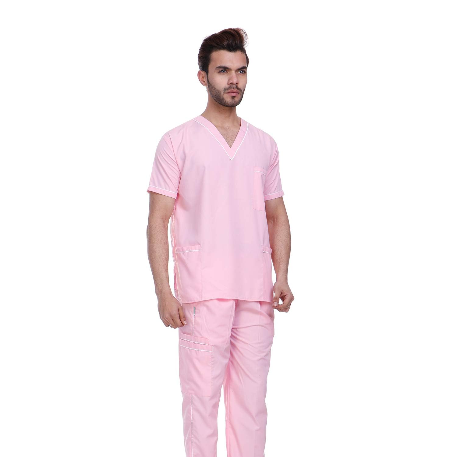 SAINI_MEDICOS Uni OP-Anzug-Set mit Paspelierung, V-Ausschnitt, 3 Taschen, Oberteil und Cargo-Hose, Rosa, 5 Stück