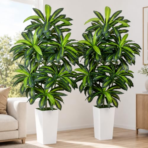 Image of 7FT Artificial Dracaena Tree - High-Density Foliage Fake Plant with White Tall Planter - Faux Yucca Floor Plant for Home Office Decor Indoor