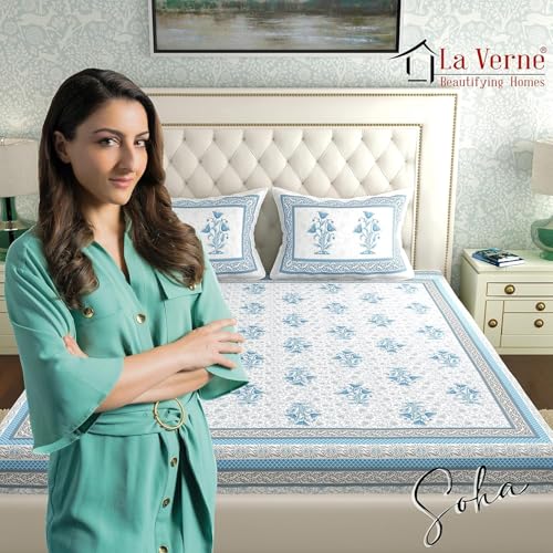 Image of La Verne 140 TC 100% Cotton King Size Jaipuri Rajasthani Print Bedsheet with 2 Pillow Covers (Light Blue)