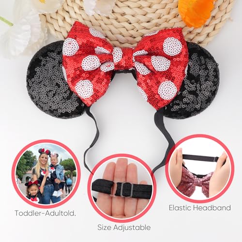 Image of DRESHOW Minnie Ears Headbands Mouse Ears Sequin Bow Headbands Elastic Adjustable Headband Glitter Party Decoration Cosplay Costume for Women