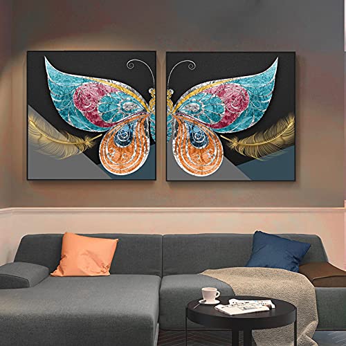 Toile moderne papillon coloré et plume dorée photo murale 80x80 cm pour salon
